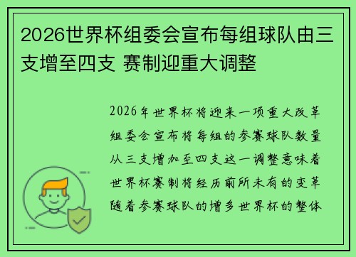 2026世界杯组委会宣布每组球队由三支增至四支 赛制迎重大调整 2026世界杯组委会宣布每组球队由三支增至四支 赛制迎重大调整